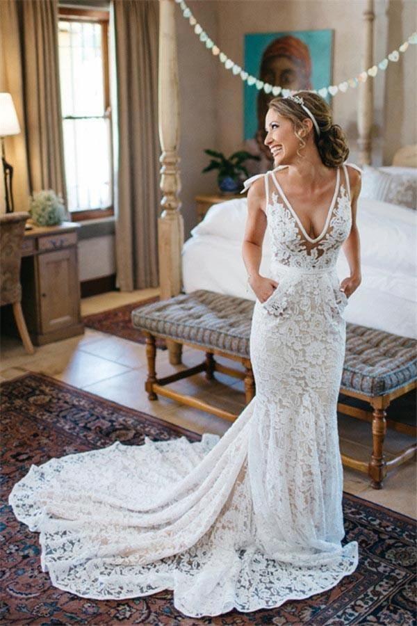 V-Neck Sleeveless Ruched Backless Lace Wedding Dress With Court Train WD141 by pgmdress
