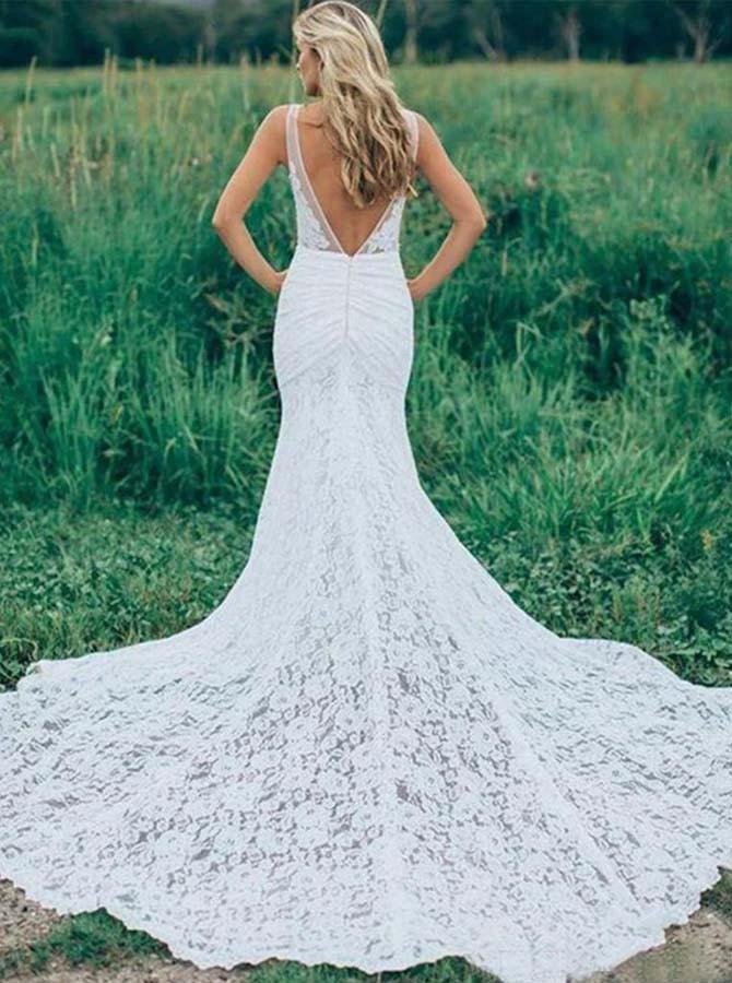 V-Neck Sleeveless Ruched Backless Lace Wedding Dress With Court Train WD141 by pgmdress