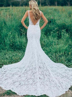 V-Neck Sleeveless Ruched Backless Lace Wedding Dress With Court Train WD141 by pgmdress