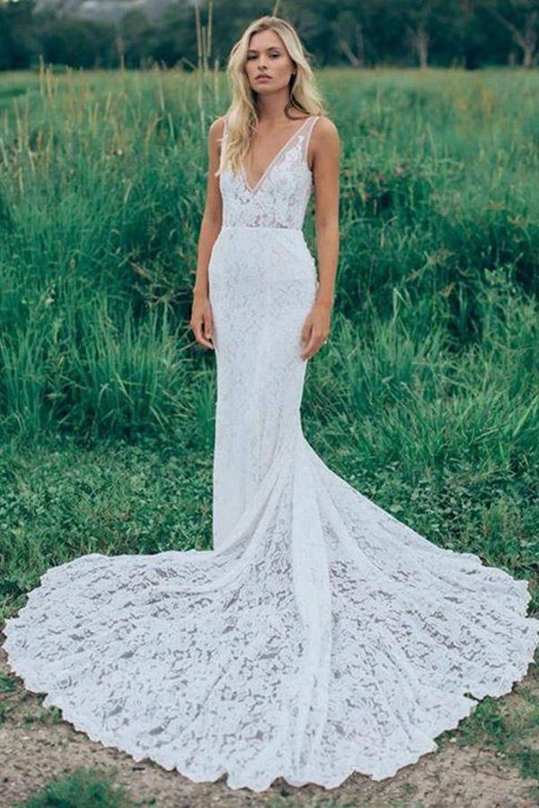 V-Neck Sleeveless Ruched Backless Lace Wedding Dress With Court Train WD141 by pgmdress