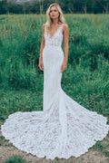 V-Neck Sleeveless Ruched Backless Lace Wedding Dress With Court Train WD141 by pgmdress