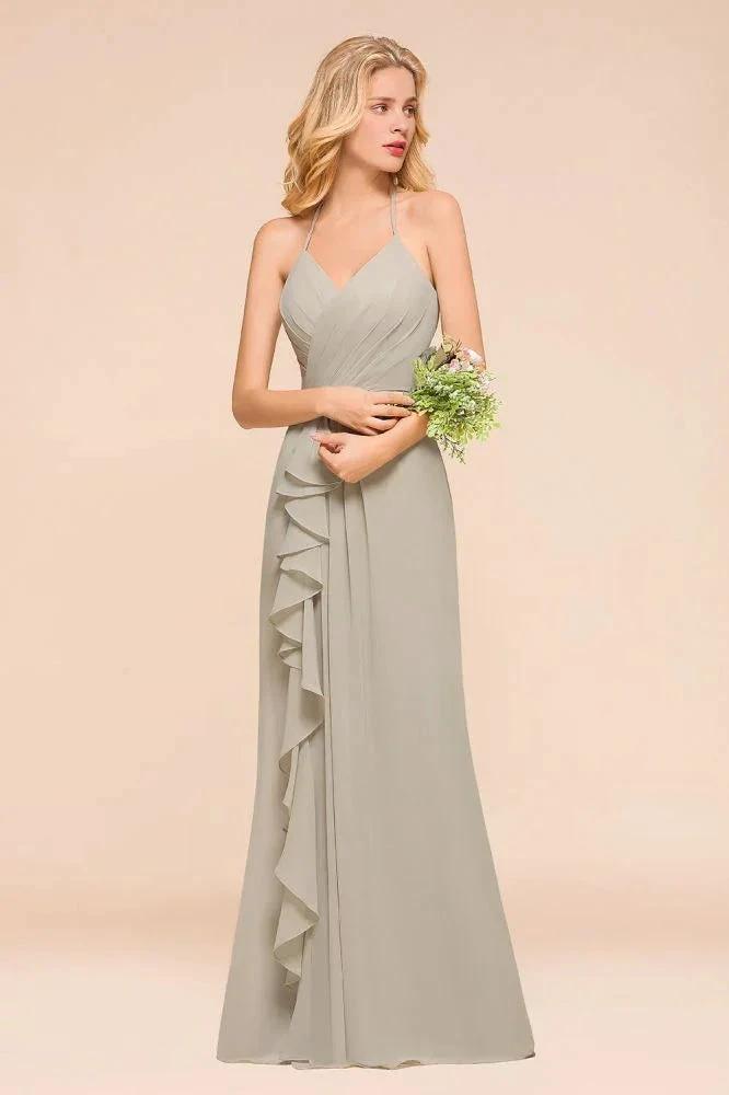 V-Neck Spaghetti Floor Length Folds Bridesmaid Dress by misshow.com