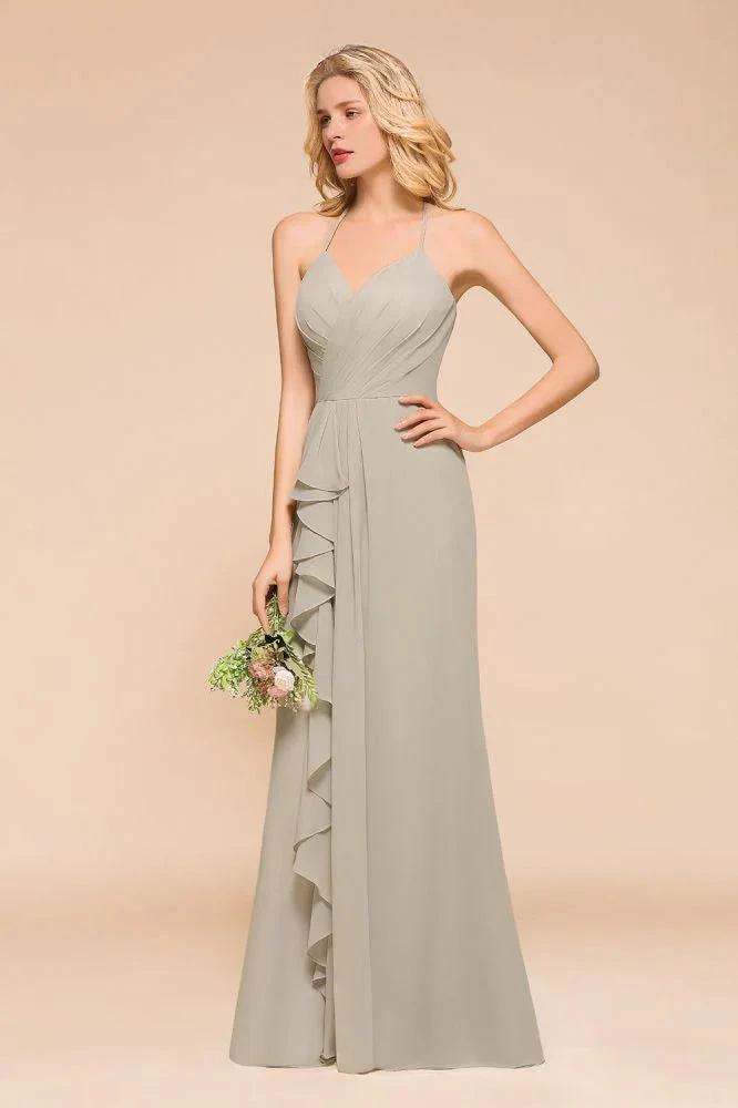V-Neck Spaghetti Floor Length Folds Bridesmaid Dress by misshow.com