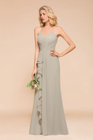 Vestido de dama de honor con escote en V, largo hasta el suelo y pliegues