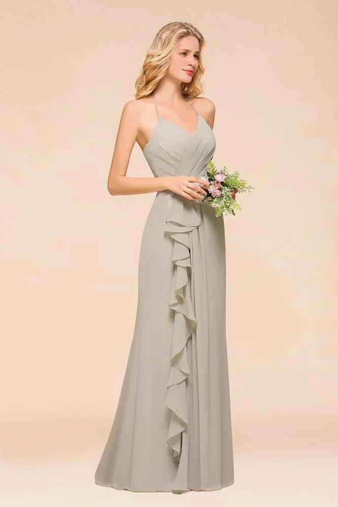V-Neck Spaghetti Floor Length Folds Bridesmaid Dress by misshow.com
