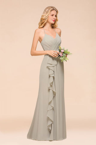 Vestido de dama de honor con escote en V, largo hasta el suelo y pliegues