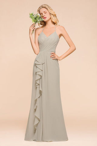 Vestido de dama de honor con escote en V, largo hasta el suelo y pliegues
