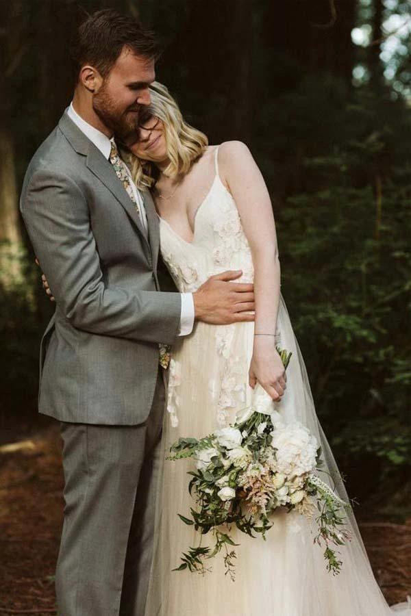 V Neck Spaghetti Strap Wedding Dresses Bridal Dress Lace Applique WD316 by pgmdress