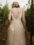 V Neck Spaghetti Strap Wedding Dresses Bridal Dress Lace Applique WD316 by pgmdress