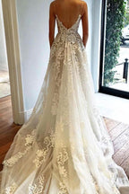 V Neck Spaghetti Straps Appliques Court Train Tulle Wedding Dress WD165 by pgmdress