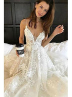 V Neck Spaghetti Straps Appliques Court Train Tulle Wedding Dress WD165 by pgmdress