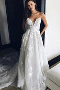 V Neck Spaghetti Straps Appliques Court Train Tulle Wedding Dress WD165 by pgmdress
