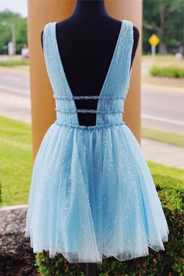V-Neck Sparkling Beading Sky Blue Short Prom Dress Homecoming Dress PD316 by pgmdress