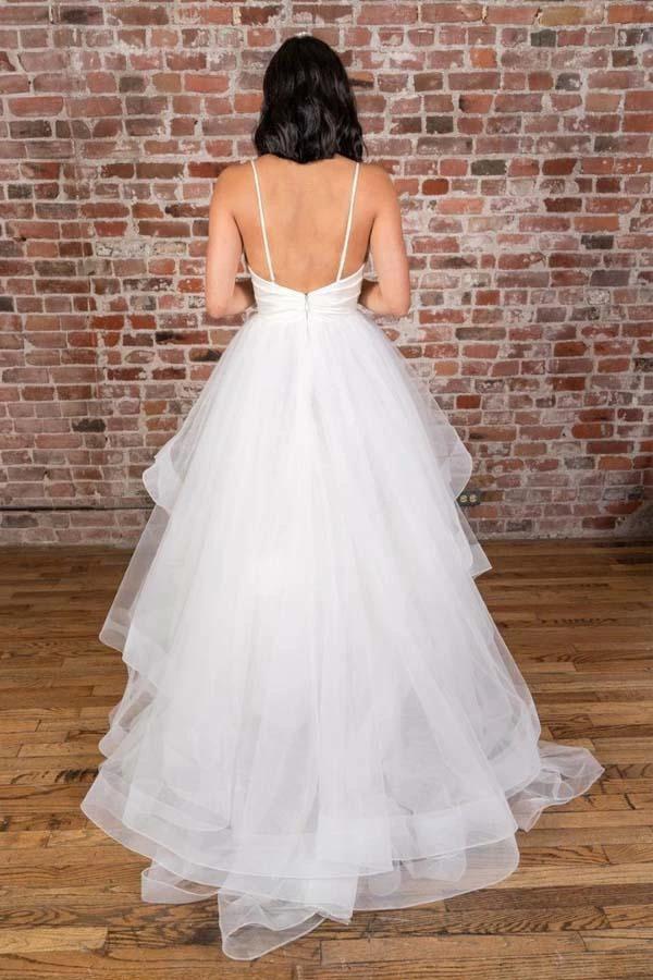 V-neck Straps Floor Length White Satin Wedding Dress with Ruffless WD425 by pgmdress