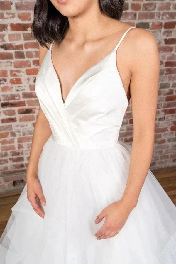 V-neck Straps Floor Length White Satin Wedding Dress with Ruffless WD425 by pgmdress