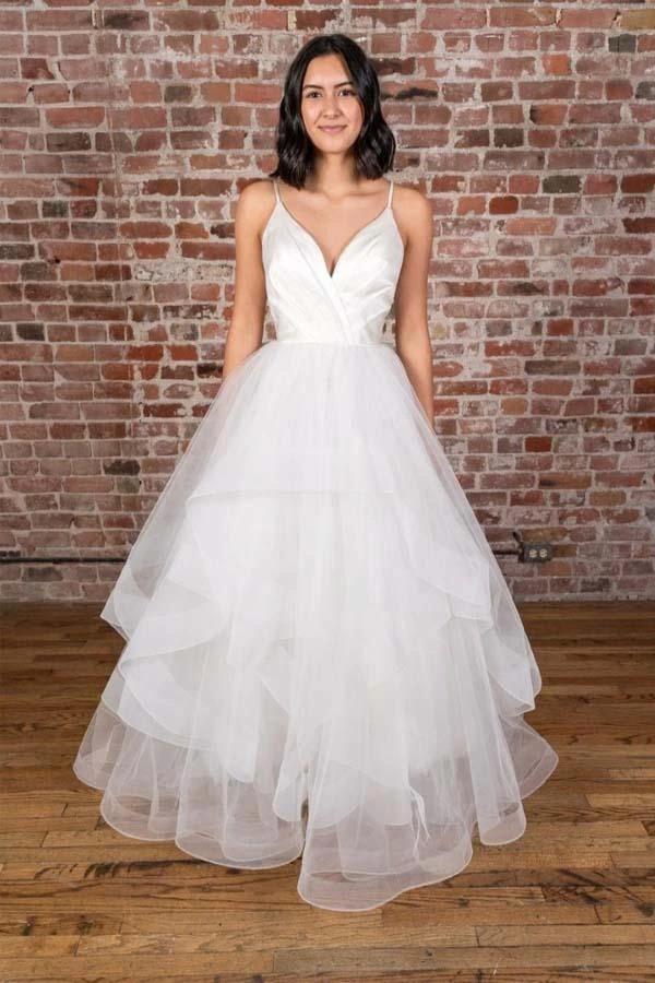 V-neck Straps Floor Length White Satin Wedding Dress with Ruffless WD425 by pgmdress