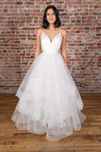 V-neck Straps Floor Length White Satin Wedding Dress with Ruffless WD425 by pgmdress