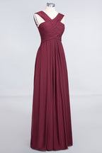V-Neck Straps Sleeveless Floor-Length Bridesmaid Dress with Ruffles