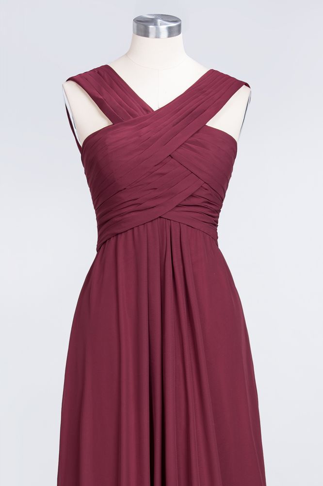 V-Neck Straps Sleeveless Floor-Length Bridesmaid Dress with Ruffles