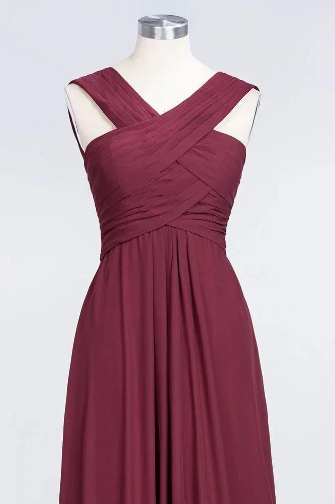 V-Neck Straps Sleeveless Floor-Length Bridesmaid Dress with Ruffles by misshow.com