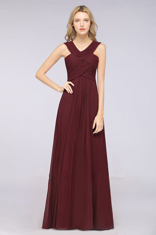 V-Neck Straps Sleeveless Floor-Length Bridesmaid Dress with Ruffles