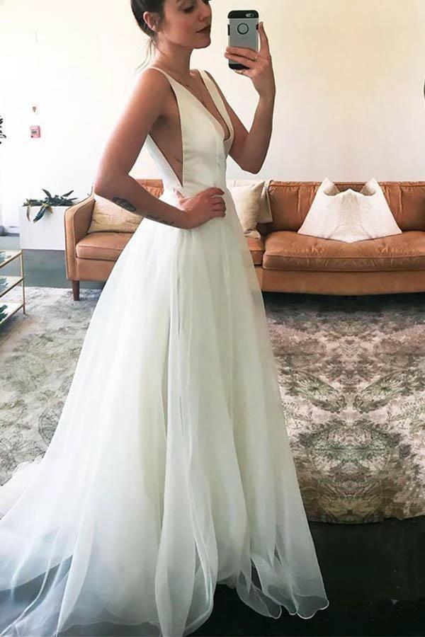 V-neck Straps Sweep-Train Sleeveless Ivory A-line Wedding Dress WD157 by pgmdress
