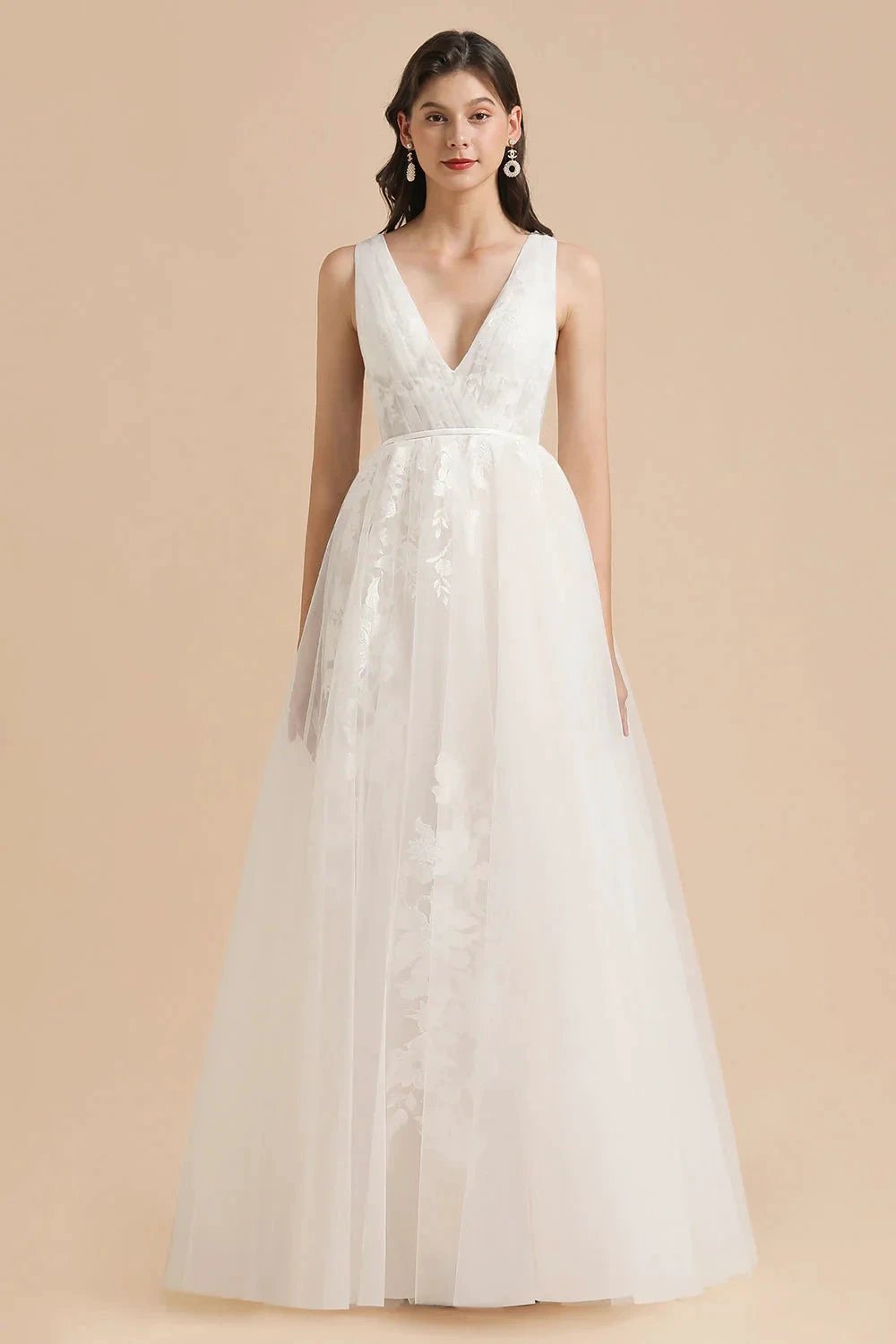 V-Neck Tulle Lace Appliques Simple Wedding Dress Garden Wedding Gowns Floor Length by misshow.com