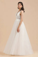 V-Neck Tulle Lace Appliques Simple Wedding Dress Garden Wedding Gowns Floor Length by misshow.com