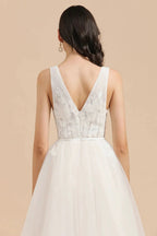 V-Neck Tulle Lace Appliques Simple Wedding Dress Garden Wedding Gowns Floor Length by misshow.com