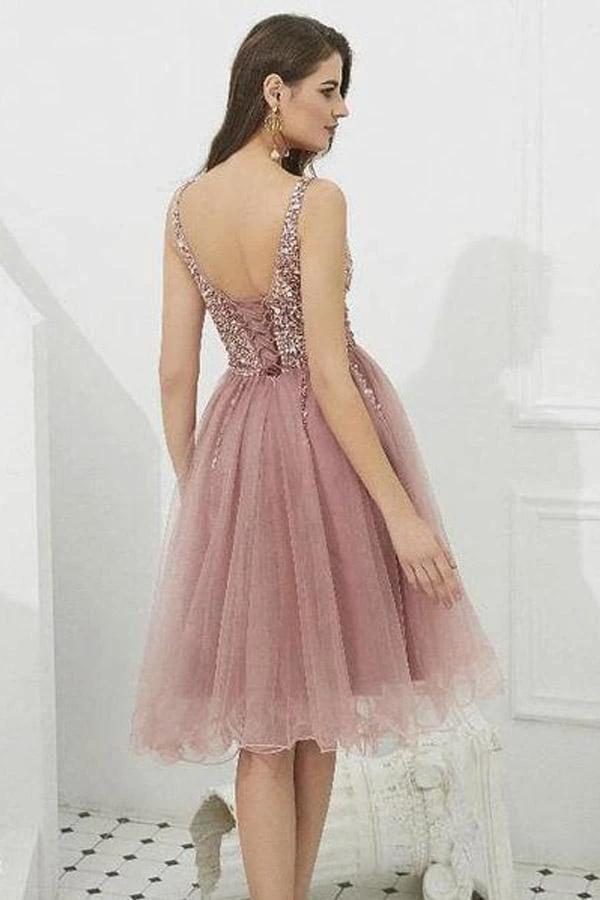 V-neck Tulle with Beaded Short Prom Dresses Homecoming Dresses PD366 by pgmdress