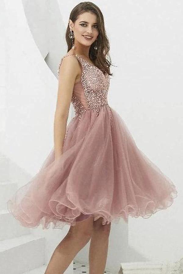 V-neck Tulle with Beaded Short Prom Dresses Homecoming Dresses PD366 by pgmdress