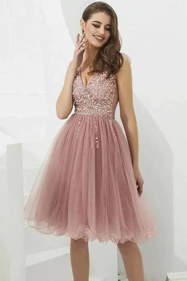 V-neck Tulle with Beaded Short Prom Dresses Homecoming Dresses PD366 by pgmdress