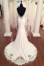 V-Neck Vintage Lace Mermaid Backless Beach Wedding Dress WD199 by pgmdress