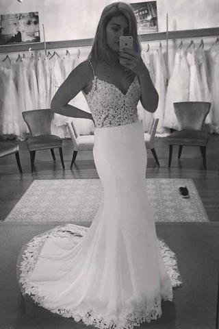 V-Neck Vintage Lace Mermaid Backless Beach Wedding Dress WD199 by pgmdress