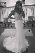 V-Neck Vintage Lace Mermaid Backless Beach Wedding Dress WD199 by pgmdress