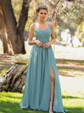 V-neckline Spaghetti Straps Slit Front Floor Length Chiffon Dress by Anne of Brittany