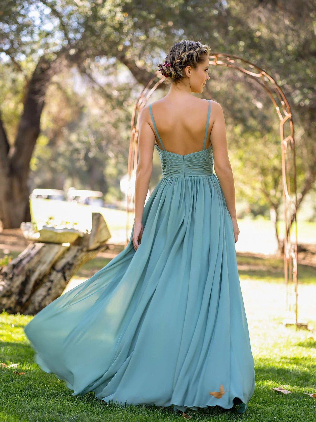V-neckline Spaghetti Straps Slit Front Floor Length Chiffon Dress by Anne of Brittany