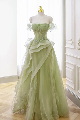 Nellie | Vestido largo de fiesta con encaje de tul verde y corsé, vestido de fiesta formal verde