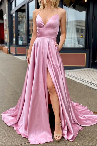 Valeria | Vestido de fiesta rosa de satén con escote en V, espalda descubierta y corte A con bolsillos