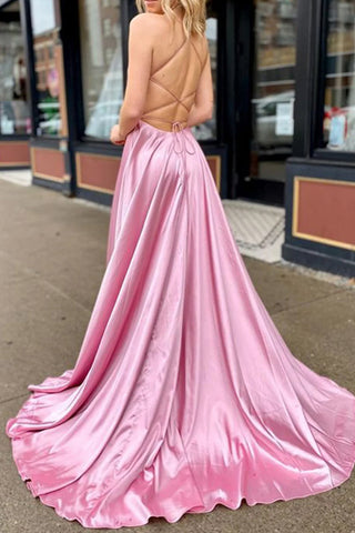 Valeria | Vestido de fiesta rosa de satén con escote en V, espalda descubierta y corte A con bolsillos