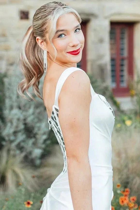 Valeria | White One Shoulder Square Neck Mirror-Cut Sequins Prom Dress With Slit by KissProm