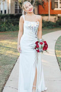 Valeria | White One Shoulder Square Neck Mirror-Cut Sequins Prom Dress With Slit by KissProm