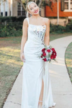 Valeria | White One Shoulder Square Neck Mirror-Cut Sequins Prom Dress With Slit by KissProm
