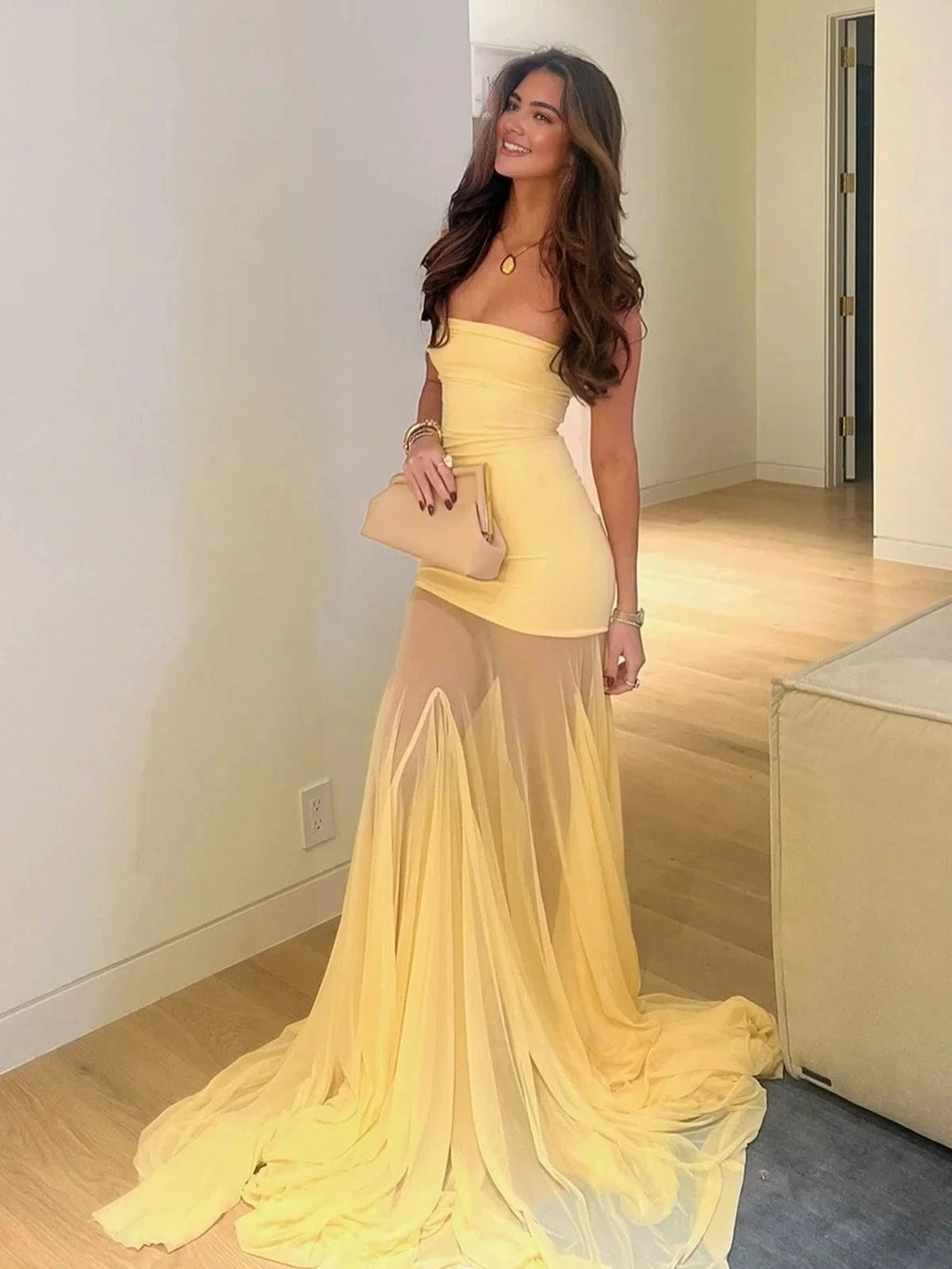 Valeska | Yellow Strapless Chiffon Mermaid Long Prom Dresses by KissProm