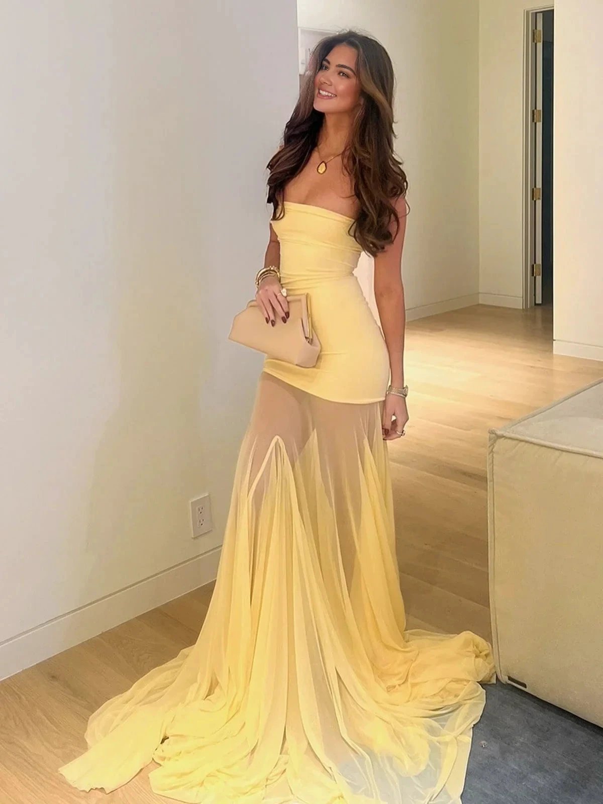 Valeska | Yellow Strapless Chiffon Mermaid Long Prom Dresses by KissProm