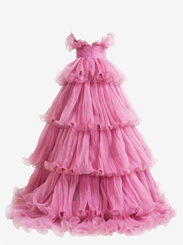 Vanessa | Vestido de fiesta de tul arrugado con capas y corte A sin tirantes