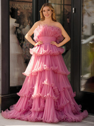 Vanessa | Vestido de fiesta rosa sin tirantes, corte A, de tul arrugado y capas