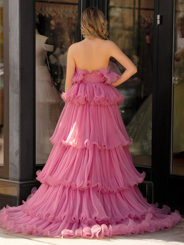 Vanessa | Vestido de fiesta rosa sin tirantes, corte A, de tul arrugado y capas