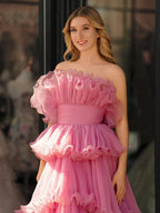 Vanessa |Pink Strapless A-Line Tiered Crinkled Tulle Prom Dress by KissProm