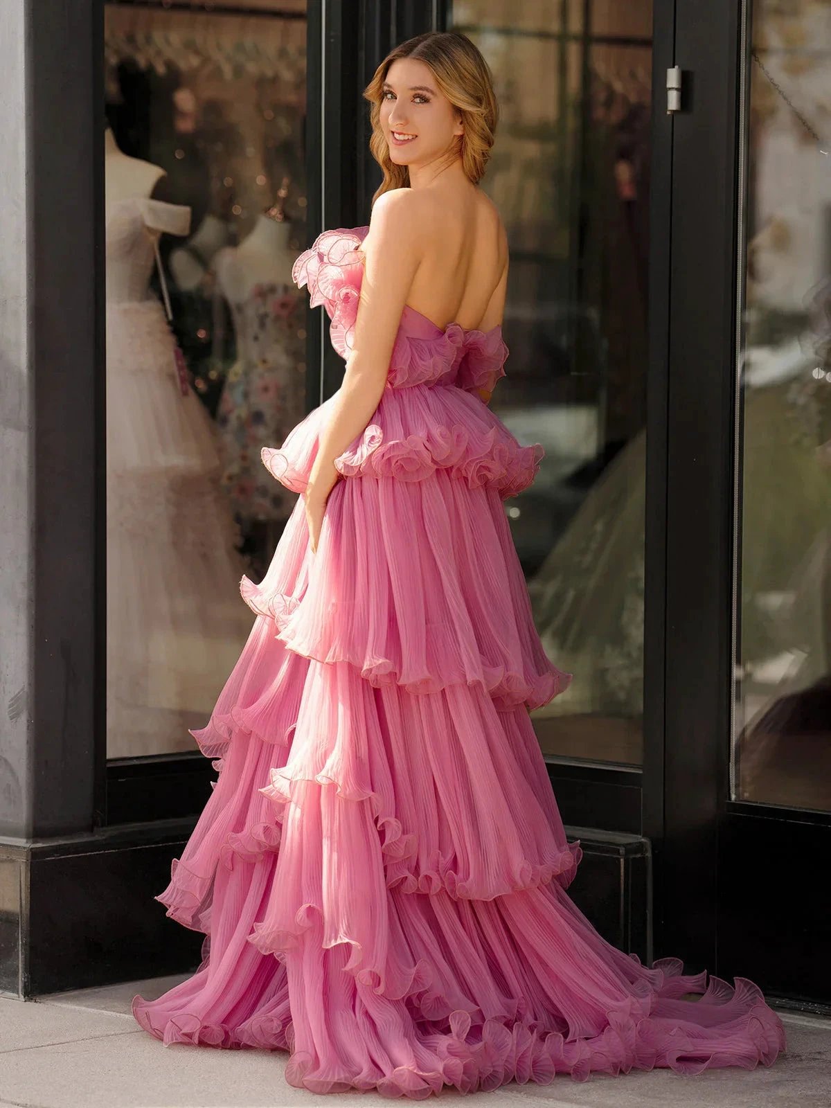 Vanessa |Pink Strapless A-Line Tiered Crinkled Tulle Prom Dress by KissProm